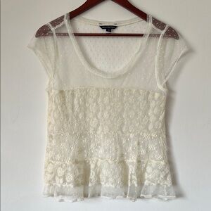 American Eagle Outfitters Cream Tiered Blouse with Embroidery
